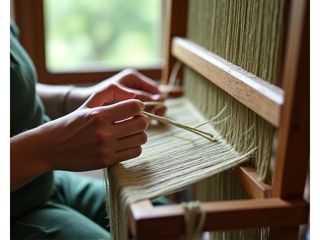 Hands gracefully weaving threads on a small loom, light filtering through the textile