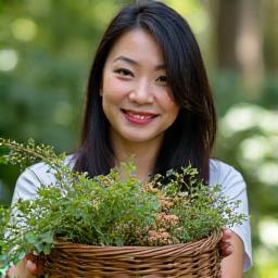 Portrait of Sarah Kim, a vibrant woman holding a basket of fresh botanical dyeing materials