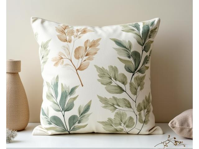 A decorative cushion cover with detailed eco-printed botanical patterns in subtle brown and green hues