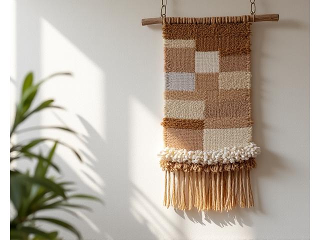 A textured wall tapestry woven with earthy tones and natural fibers, showcasing simple geometric patterns
