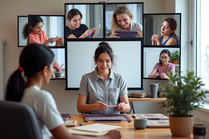 A clear, well-lit virtual classroom setup with a teacher demonstrating weaving on a screen, and students watching on their own screens