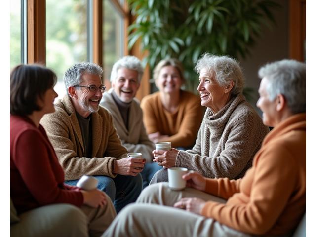 Diverse group of adults in their 40s-60s engaged in conversation, smiling, in a cozy, naturally lit community space with textile art elements.