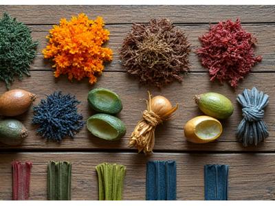 A rustic wooden table with ingredients for natural dye, such as berries, onion skins, and leaves, alongside small fabric swatches