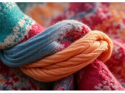 Close-up of a beautifully naturally dyed silk scarf with intricate patterns