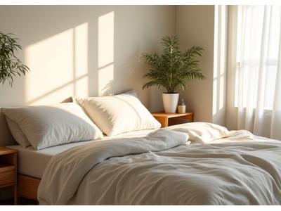 A serene bedroom with organic bedding and natural light, depicting a healthy sleep environment
