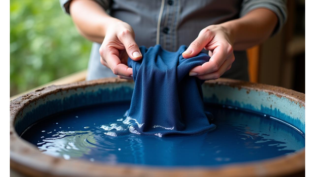 Hands working with indigo dye, a natural process for textile art and mindfulness