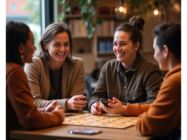 Adults playing a board game and engaging in lively conversation, phones put away, at a cozy meetup.