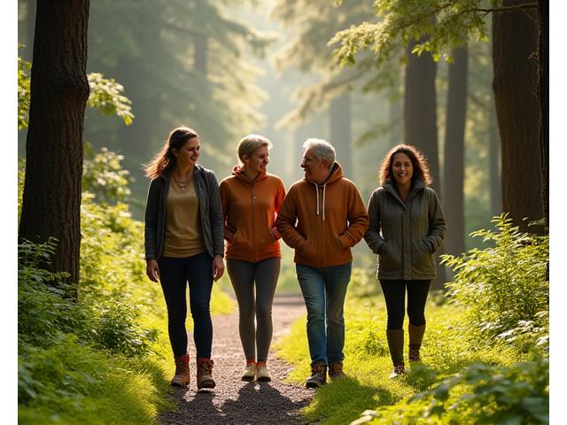 Group of diverse adults enjoying a guided wellness walk through a lush Portland park, laughing.