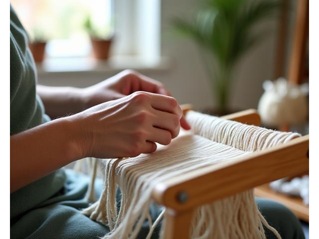 Woman's hands weaving natural fibers on a small loom in a bright, airy studio.
