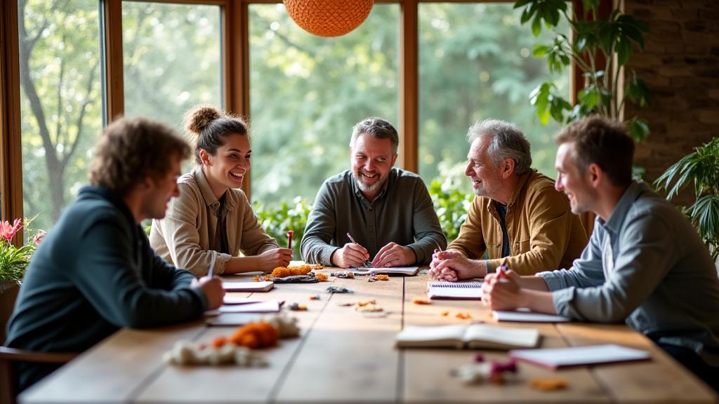 Diverse group of adults collaboratively planning an event around a large wooden table with craft supplies and notebooks.