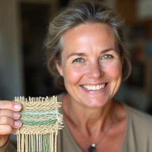 Smiling woman in her late 40s during a weaving workshop, holding up a beautifully woven piece.