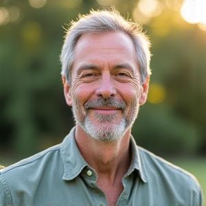 Man in his early 50s leading a group in outdoor meditation in a peaceful garden setting.
