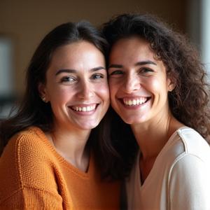 Two women in their late 30s embracing after completing a shared project during a digital detox meetup.