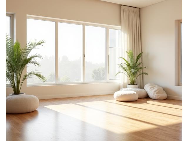 Bright and airy yoga studio interior with natural light and a few active participants.