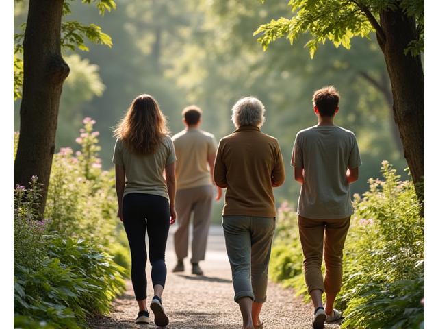 A group enjoying an outdoor nature walk through a vibrant green forest path in a Portland park.