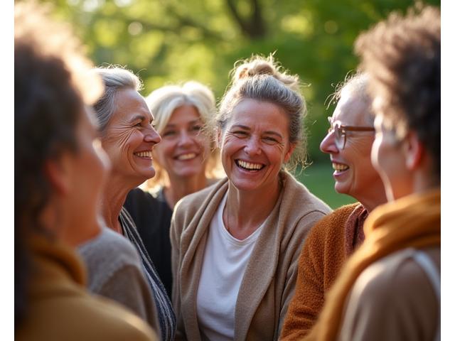 Diverse group of adults 35+ laughing and connecting at a community wellness event. Sunlit park setting in Portland.