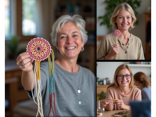 Smiling diverse adults participating in a virtual weaving workshop, holding up their craft to the camera.